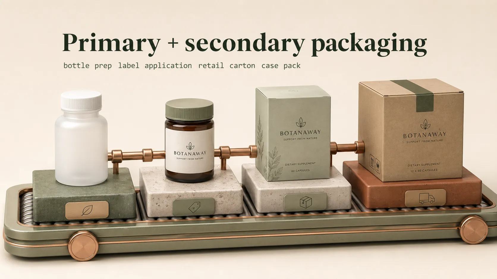 Packaging line illustration with bottles, cartons, and case packing